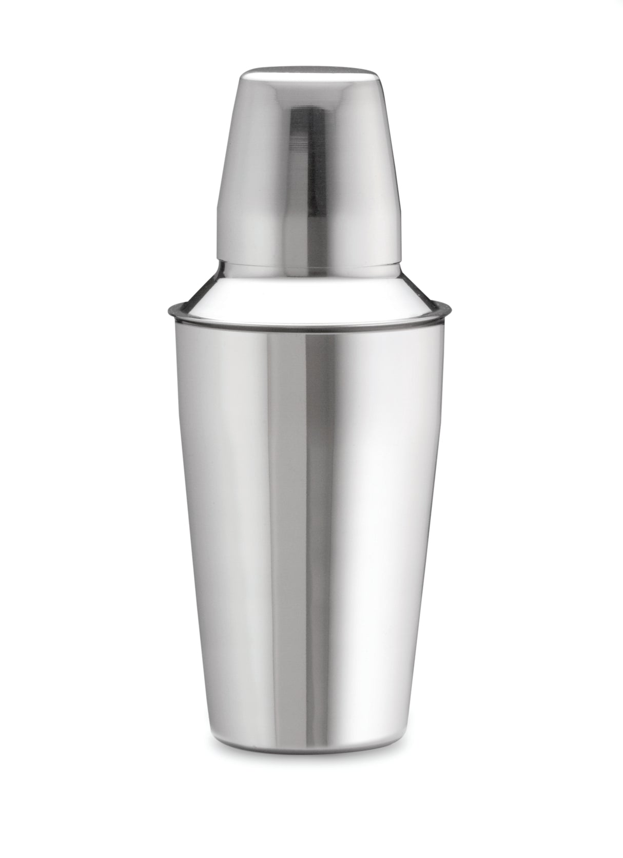 A stainless steel bar shaker with a shiny, reflective surface. The dishwasher safe shaker has two parts: a larger bottom cup and a smaller top cap. It is standing upright against a plain white background.
