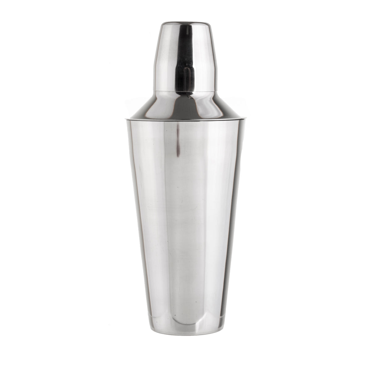 A shiny, 28 oz stainless steel bar shaker with a tapered body and fitted lid, photographed against a plain white background. The metal surface reflects light, giving it a polished, sleek appearance.