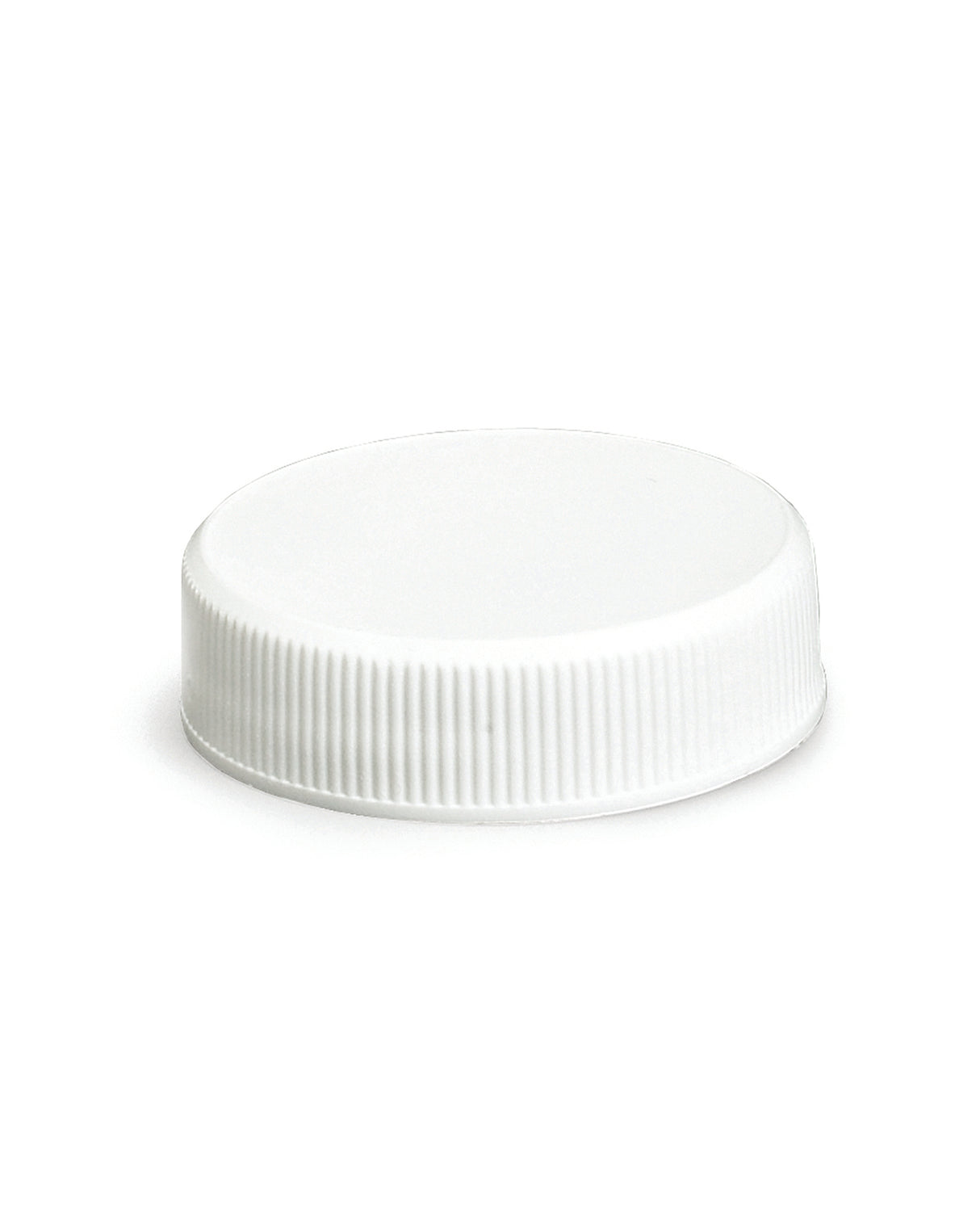 A white plastic storage cap with a textured grip edge, viewed from a low angle against a plain white background. The cap is round, flat, and appears unused—ideal for 38mm squeeze bottles and dishwasher safe for easy cleaning.