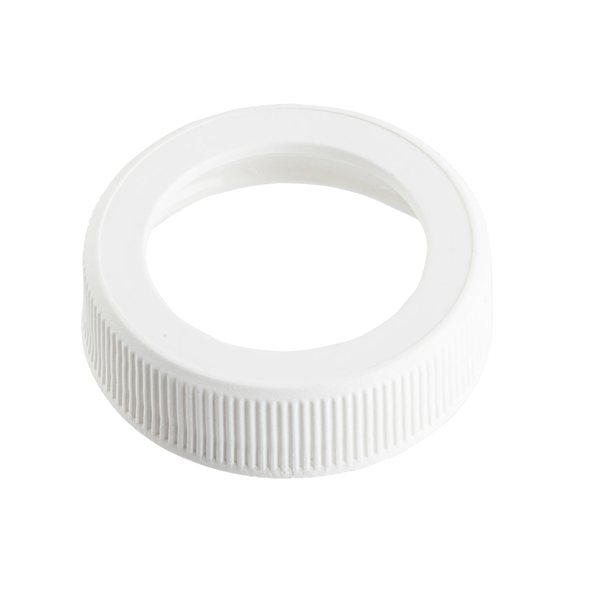 A white, round, 38mm plastic screw cap with a wide, open center and vertical ridges along the outer edge, shown against a plain white background. The cap appears clean and unused.