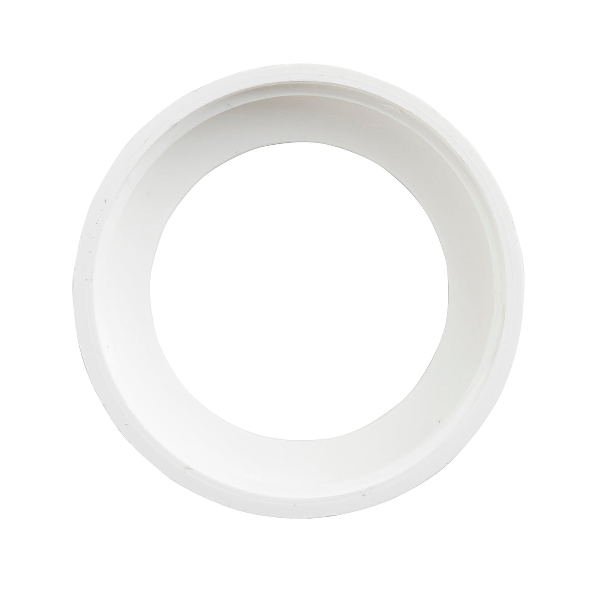 A white, cylindrical 38mm PVC pipe fitting shown from above against a white background, creating a circular shape with a hollow center. The image highlights the smooth, clean surface and precise inner and outer edges of the fitting.
