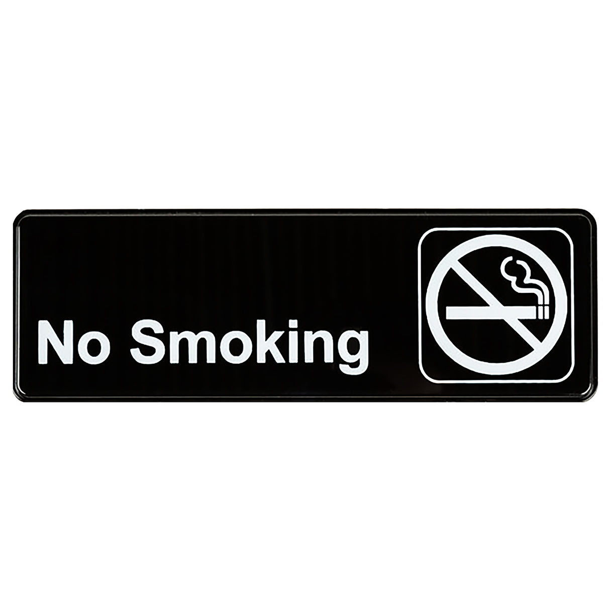 A rectangular black No Smoking sign displays "No Smoking" in bold white letters on the left, with a white no-smoking symbol—a lit cigarette crossed by a diagonal line inside a circle—on the right side. Features pressure sensitive adhesive for easy application.
