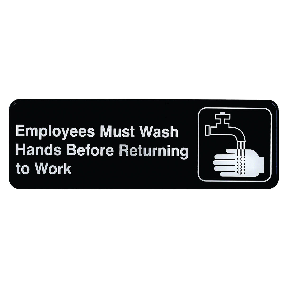 A black employees must wash hands sign with white text features a graphic of a faucet streaming water over a hand. The sign uses pressure sensitive adhesive for easy installation and highlights the importance of handwashing for employees.