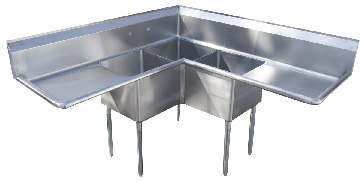 Stainless steel corner sink with two deep square basins, tall backsplash, and four sturdy legs. Flat countertop surfaces extend on both sides, forming an L-shape. This stainless steel sink is ideal for kitchens and industrial settings.