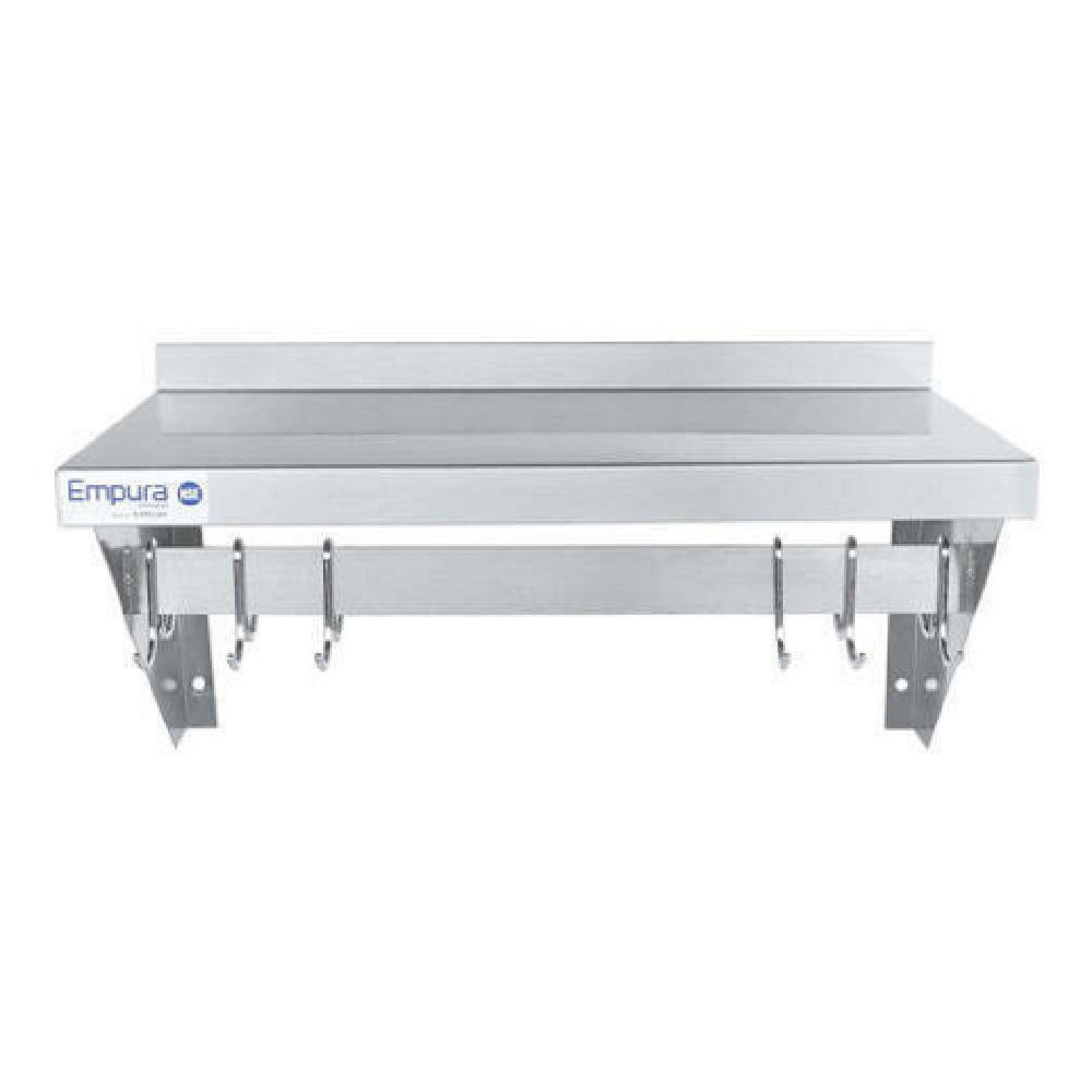 Empura E-WPS-1236 - Pot Rack, Wall-Mounted, 36" X 12" Stainless Steel Wall-mounted Pot Rack With Shelf And 18 Gauge Galvanized Hooks