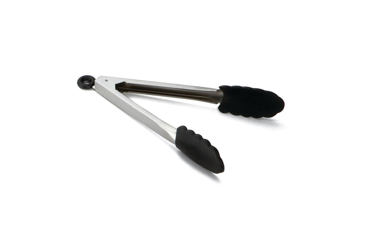 A pair of stainless steel kitchen tongs with black silicone, heat resistant grips on the ends. The tongs are partially open with a small black locking ring at the hinge. The background is plain white.