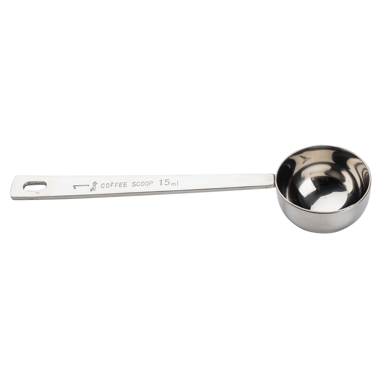 A dishwasher safe stainless steel coffee scoop with a round, deep bowl and flat handle. The handle is stamped “1 tbsp COFFEE SCOOP 15 ml” and features a small square hole for hanging. Its surface is shiny and reflective.