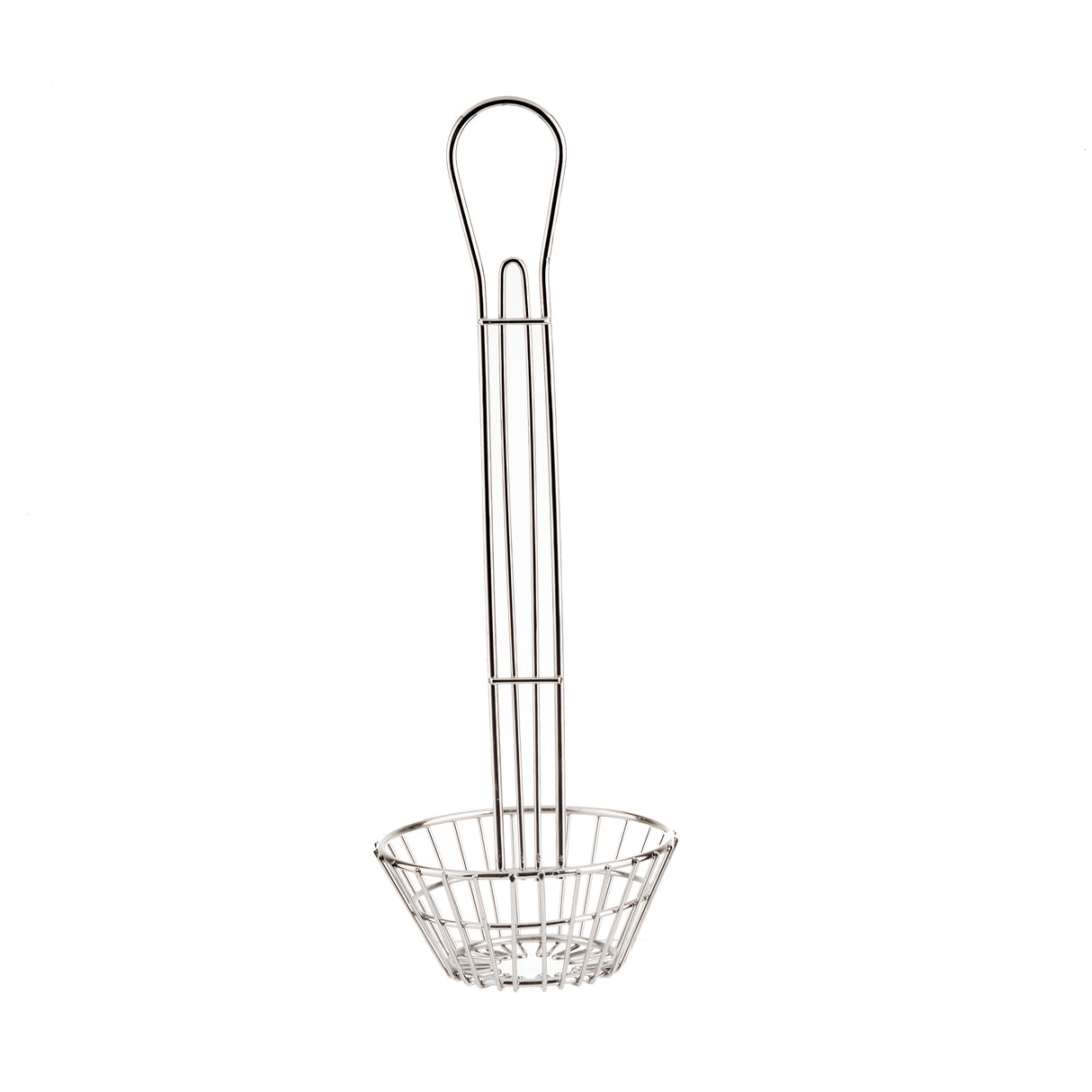 A chrome plated metal utensil with a long handle and a small, round basket at the end, ideal for straining or lifting food from hot liquids. Similar to a TableCraft Taco Salad Shell Basket, it features a looped handle and is photographed on a white background.