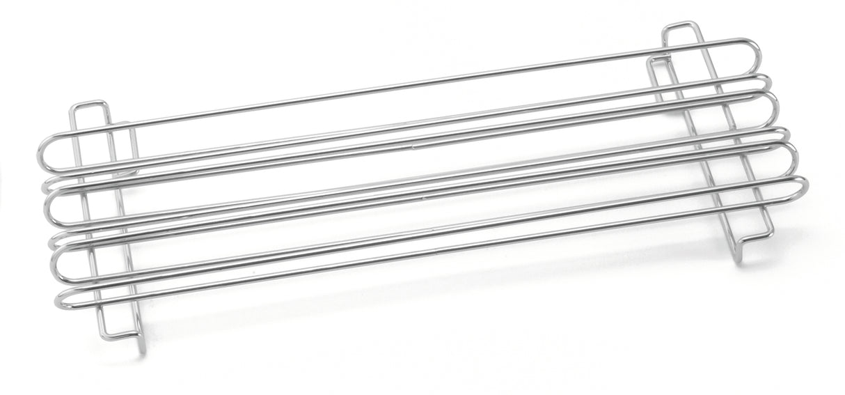 A chrome plated metal rack with four parallel bars and two end supports, designed as a Taco/French Fry Rail for holding items or providing ventilation. Shown on a white background, its rectangular form features a simple, minimalist design.