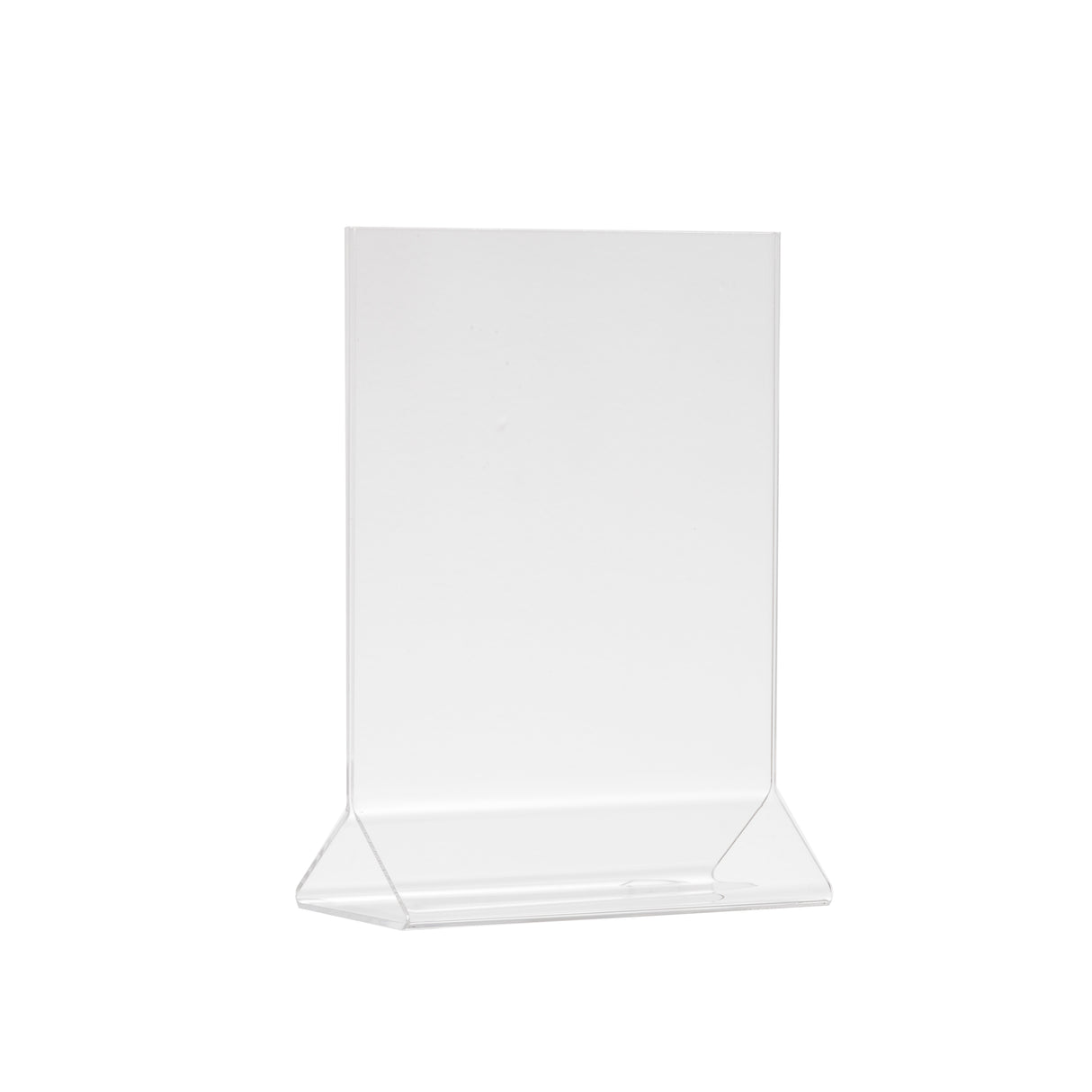 A clear acrylic menu holder with an upright, vertical rectangular display and a slanted base. This two-sided menu display is empty, transparent, and photographed against a plain white background.