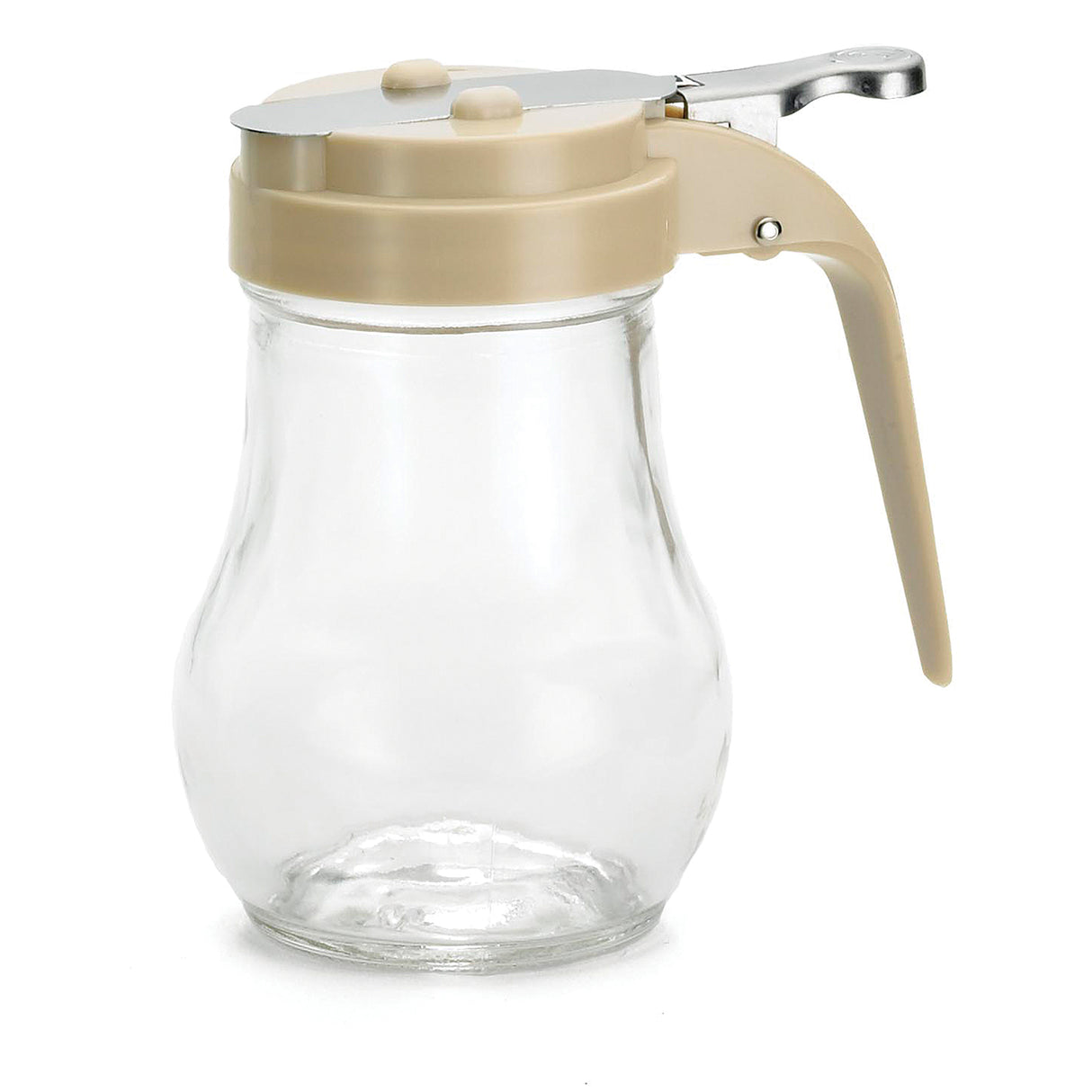 A clear teardrop glass syrup dispenser with a beige plastic lid and handle. The lid features a metal lever for easy pouring, and the jar is dishwasher safe for easy cleaning after use. The handle extends downward and outward from the side.