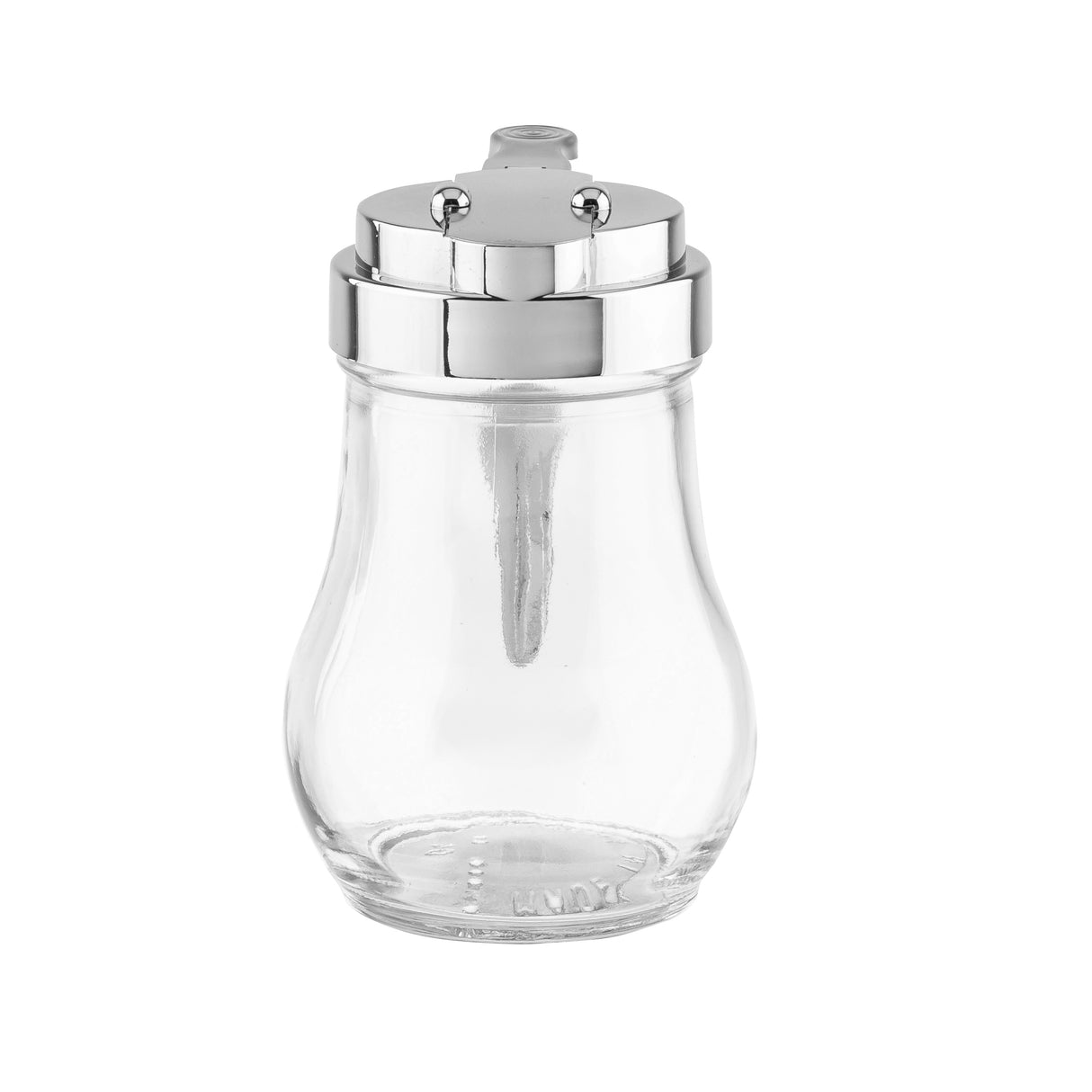 A clear teardrop glass sugar dispenser with a rounded body and a shiny chrome plated lid featuring a small spout for pouring. The dispenser is empty and set against a plain white background.