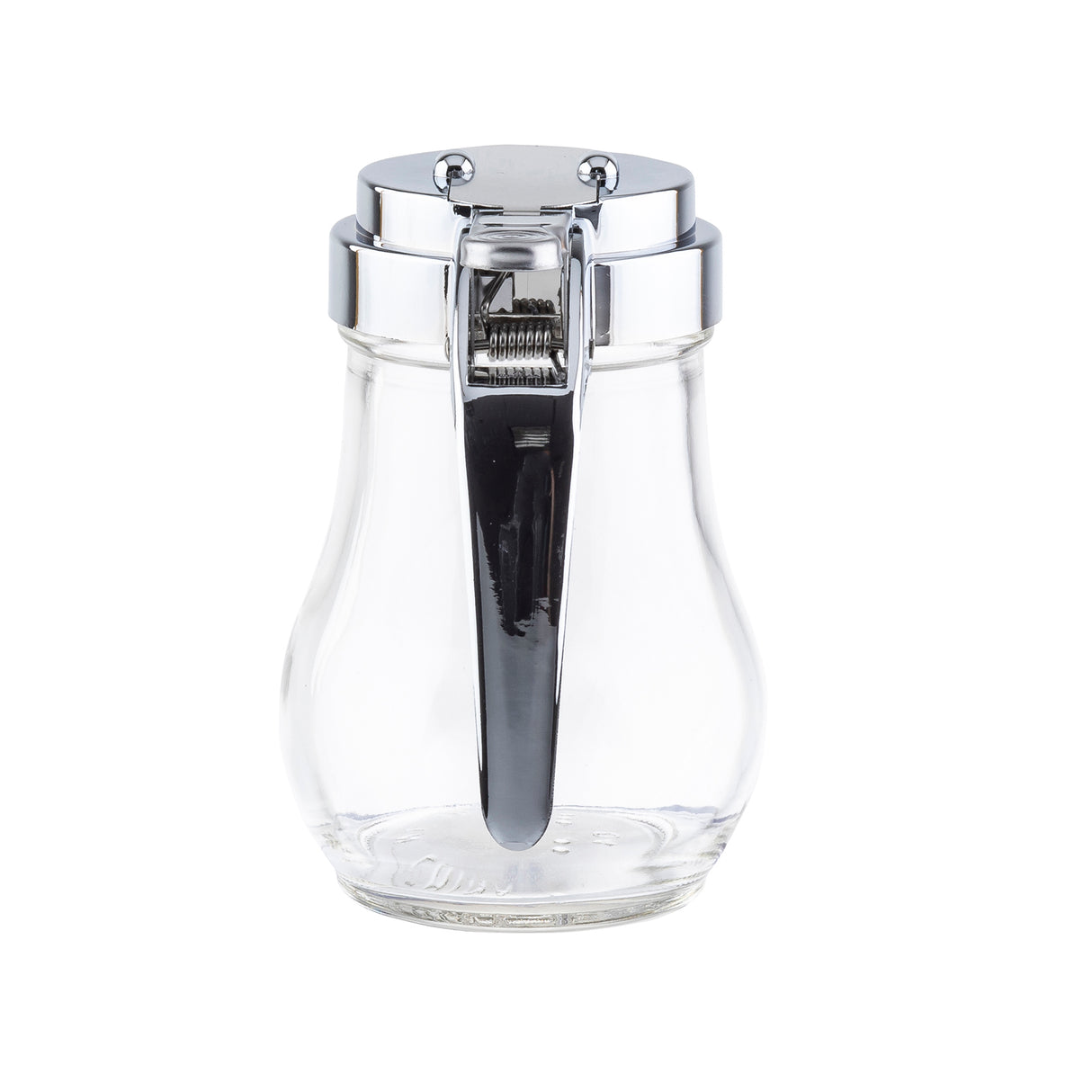 A teardrop glass syrup dispenser with a rounded base and a chrome plated lid. The lid features a lever handle with a small spring mechanism, allowing syrup to pour out when pressed. Photographed empty on a plain white background.