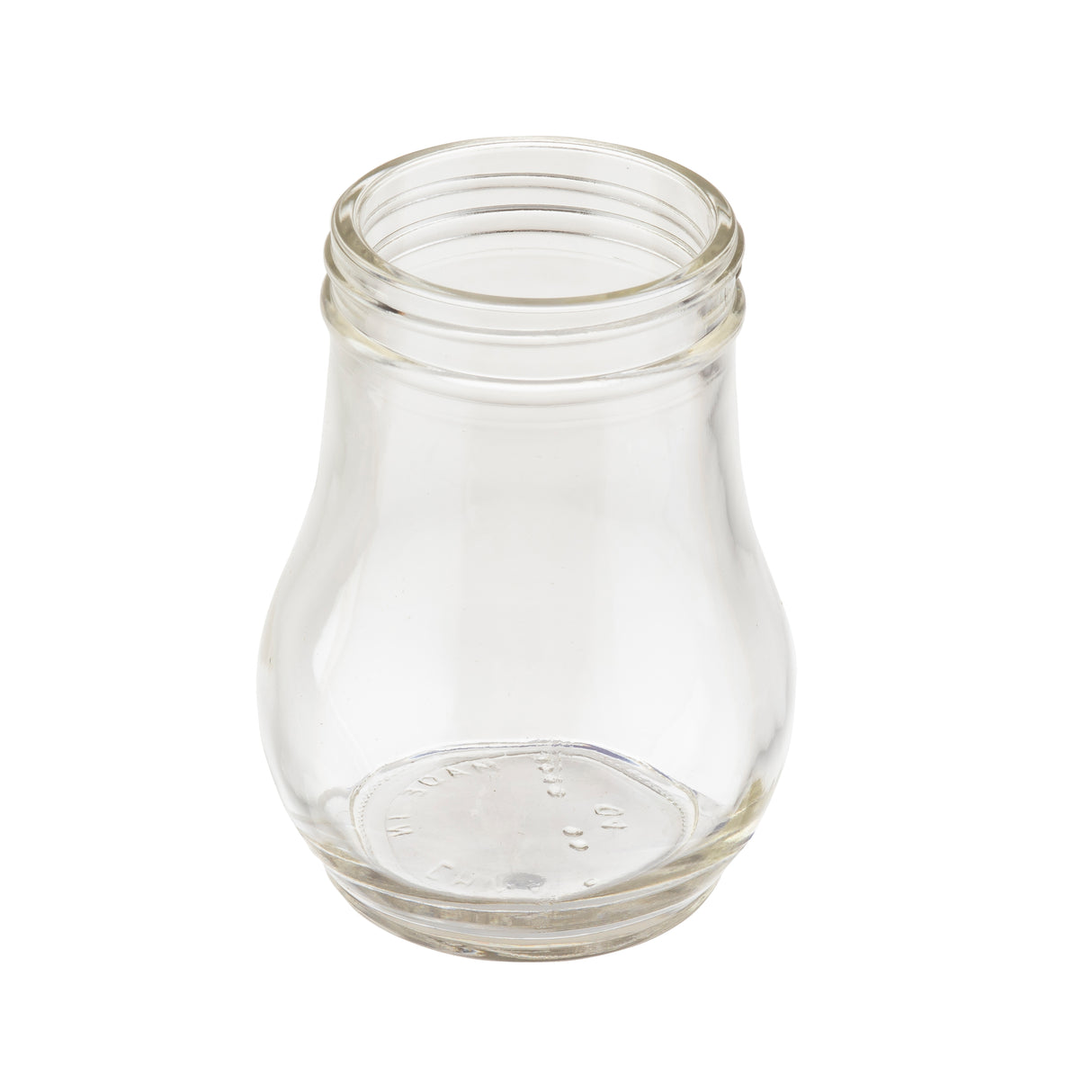 A clear, teardrop glass jar with a wide, rounded body and narrower neck is set against a plain white background. The jar features visible threading for a screw-on lid and embossed text on the bottom, ideal for use as a stylish dispenser.