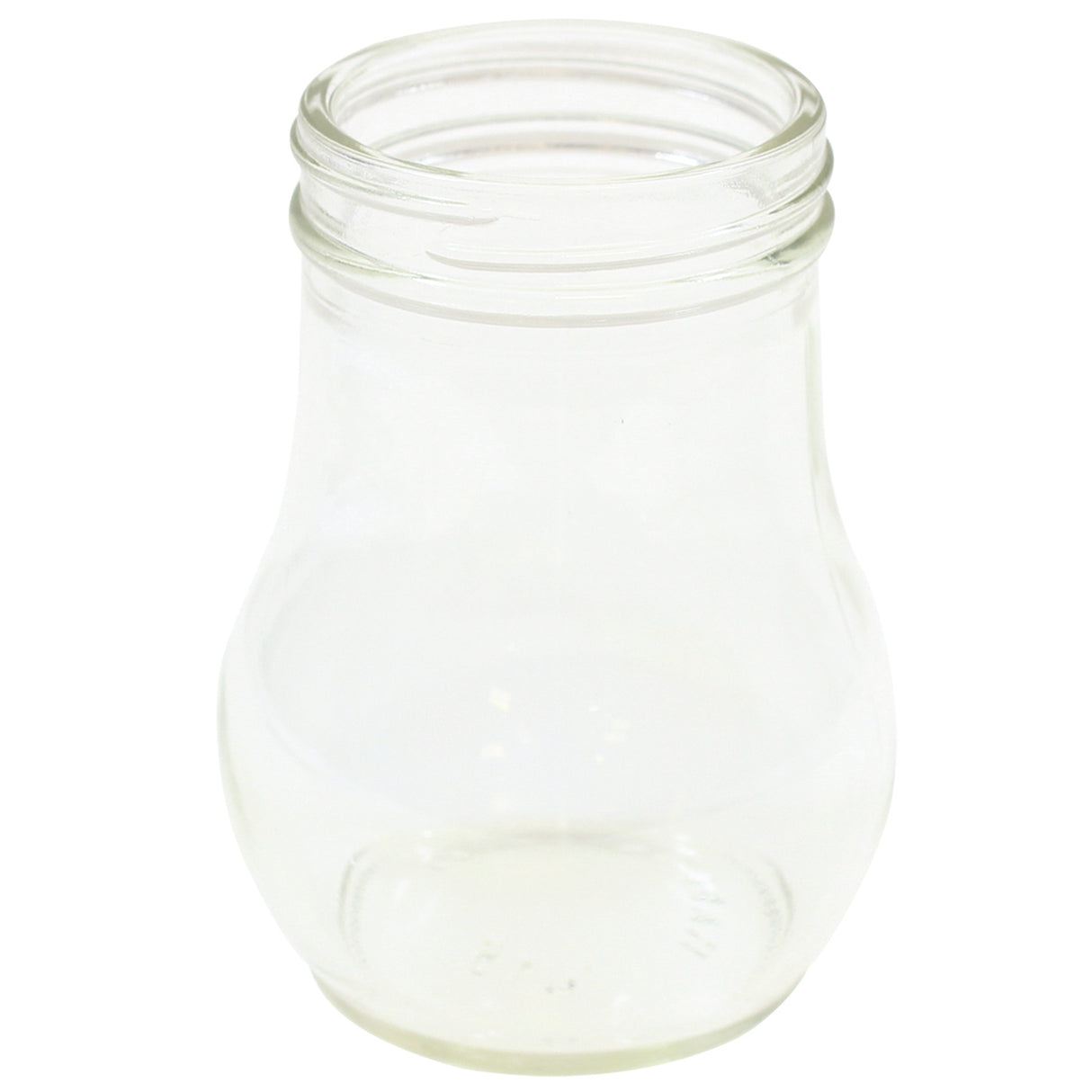 A clear, 6 oz teardrop glass jar with a wide mouth and slightly curved, bulbous shape stands upright on a white background. Its transparent surface allows the inside to be fully visible.