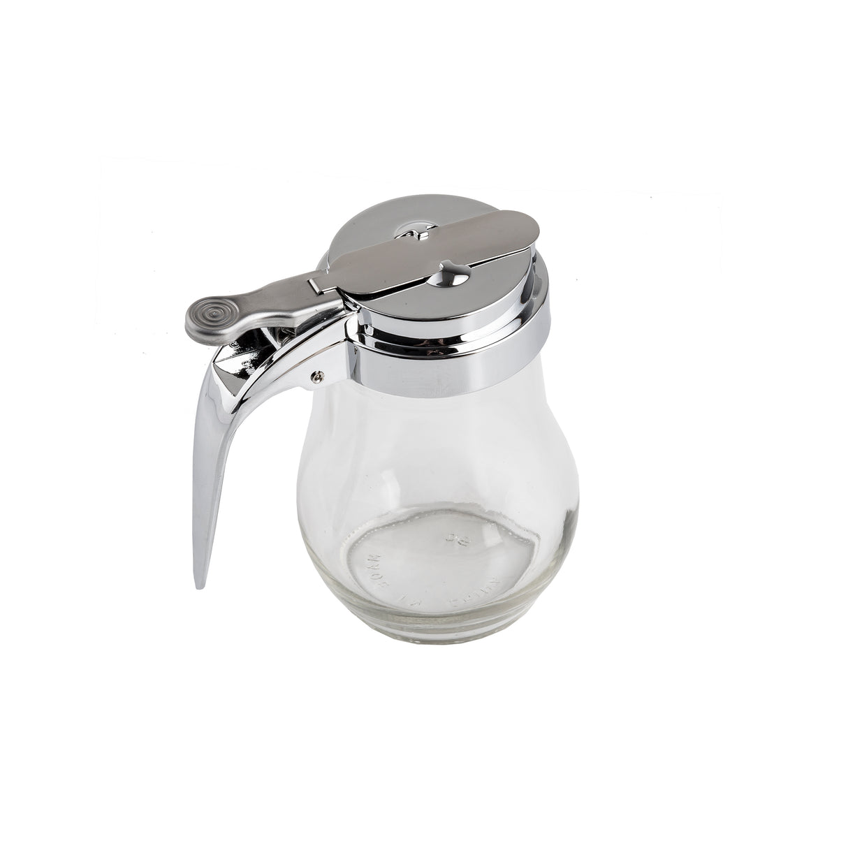 A clear teardrop glass syrup dispenser with a shiny silver metal lid and handle. The lid features a thumb lever for easy pouring. Mostly empty, it sits on a plain white background and is dishwasher safe for effortless cleaning.