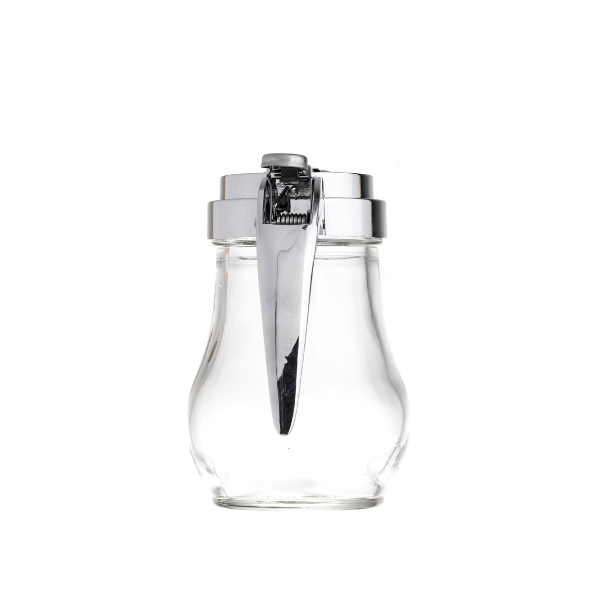 A clear, teardrop glass syrup dispenser with a silver metal lid and a long, curved lever for pouring. The dispenser is photographed against a plain white background, centered in the image, and is dishwasher safe for easy cleaning.