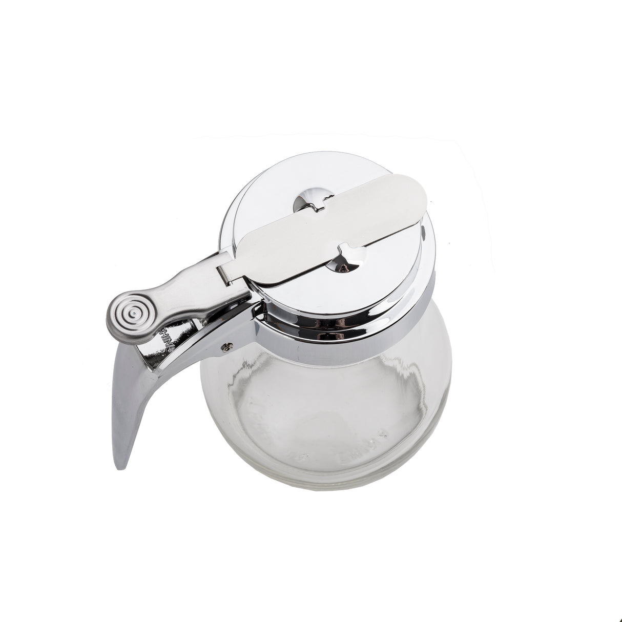 A clear teardrop glass dispenser with a silver metal lid and handle, viewed from above. The lid features a lever for easy pouring. This dishwasher safe container is empty and set against a plain white background.