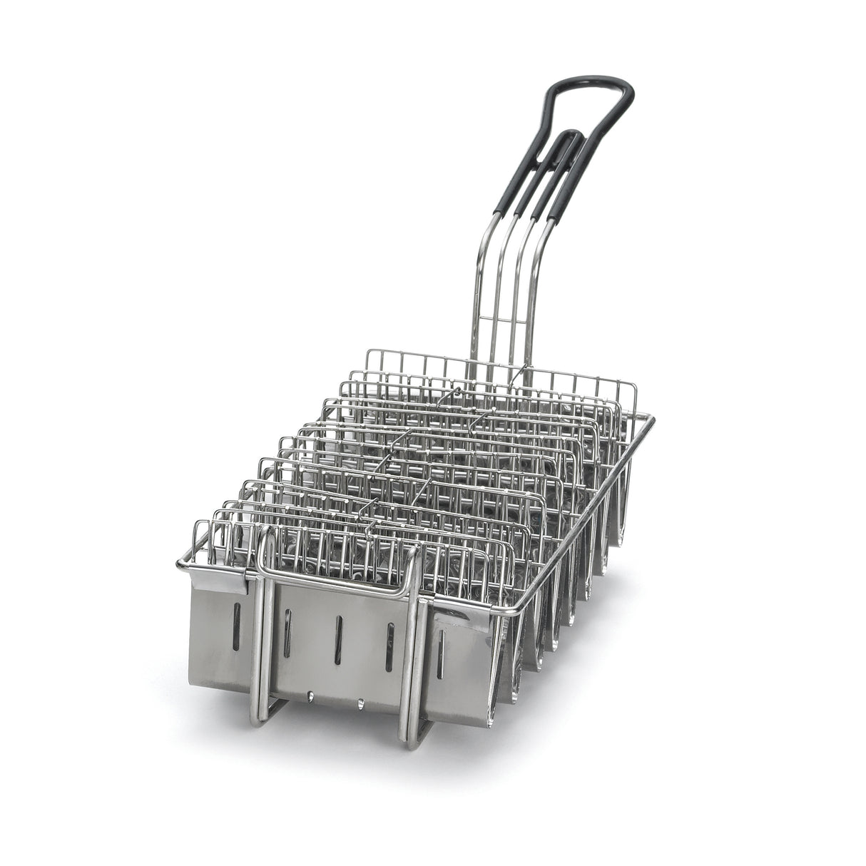 The TableCraft Taco Fry Basket features a stainless steel, grid-like structure with multiple compartments and a long black handle—perfect for securely holding taco shells while grilling, ensuring even heat circulation around each section.