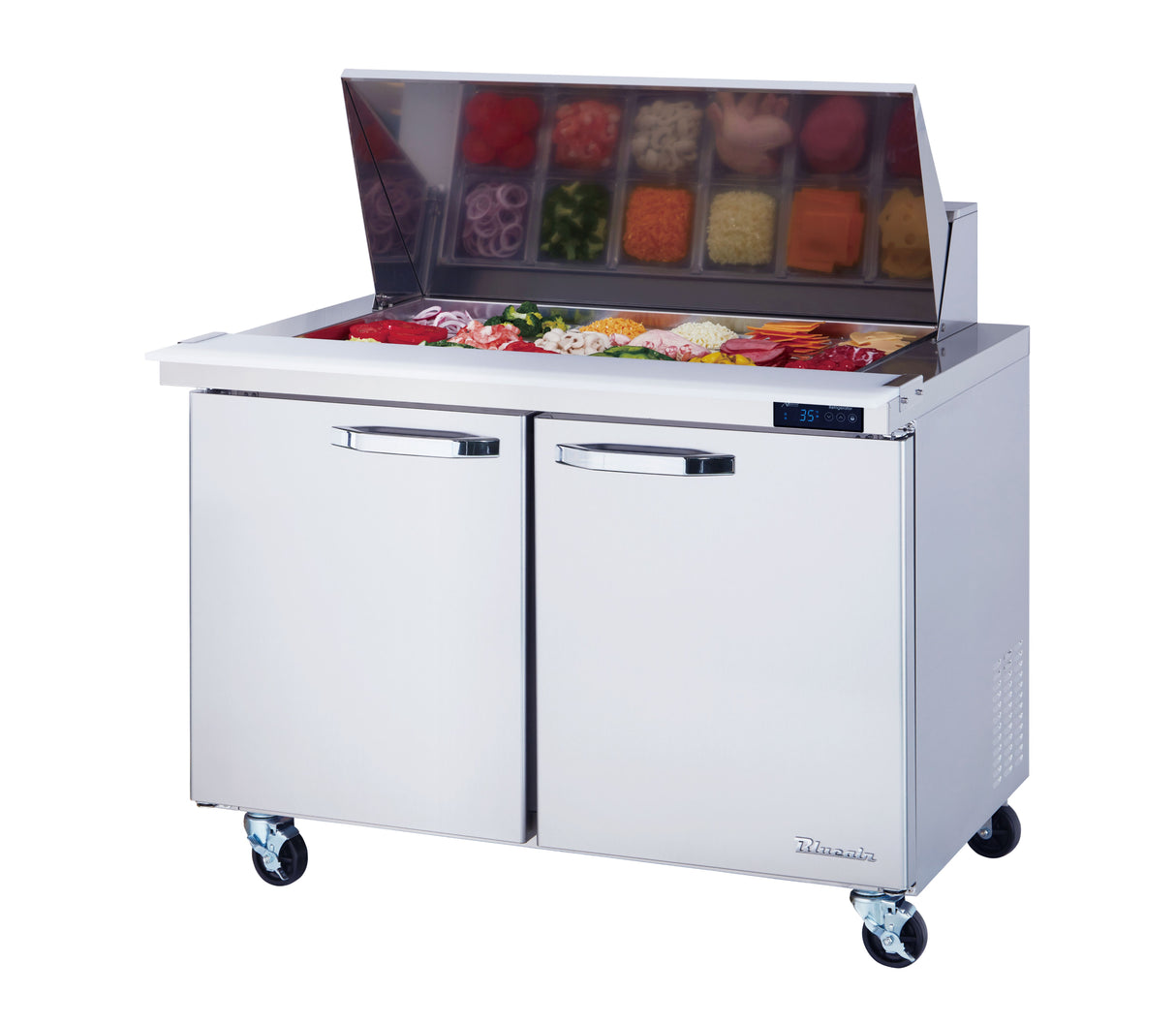 A Blue Air stainless steel sandwich prep table with wheels, two doors, and a mega top filled with containers of assorted vegetables and ingredients—like sliced onions, peppers, and tomatoes—ready for food preparation.