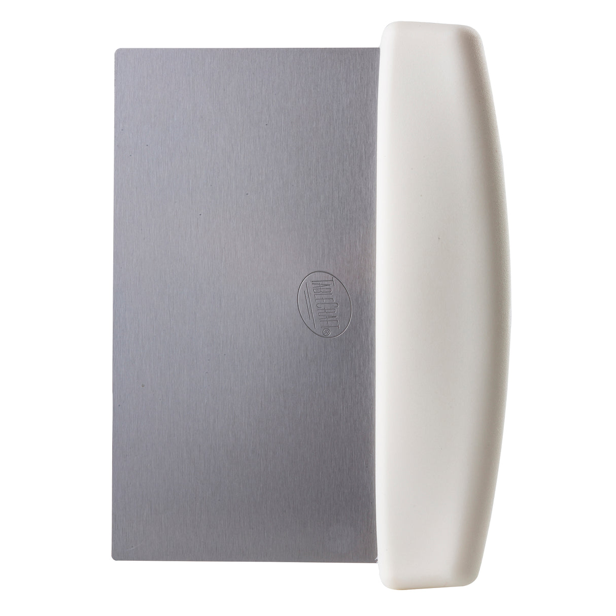 A dough scraper featuring a flat rectangular stainless steel blade and a thick, curved white plastic handle along one long edge. The dishwasher safe blade has a circular logo embossed in the center. The background is plain white.