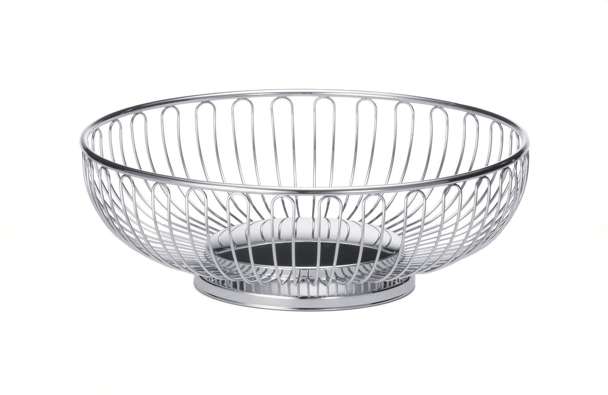 A round, chrome plated wire basket with vertical and curved metal rods forming its sides. This open, airy TableCraft basket features a solid circular base and rests on a plain white background.