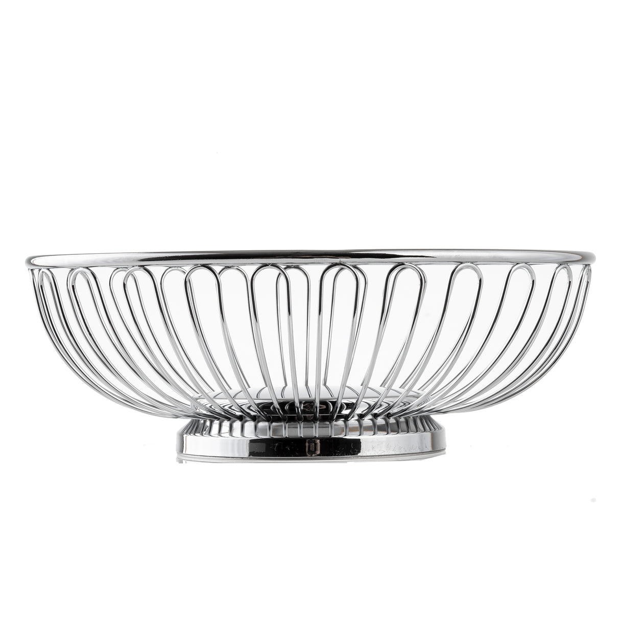 A round, chrome plated Chalet Basket fruit bowl with open, curved metal bars radiating from the base to the rim creates an airy, modern, and minimalist design. The empty TableCraft bowl is set against a plain white background.
