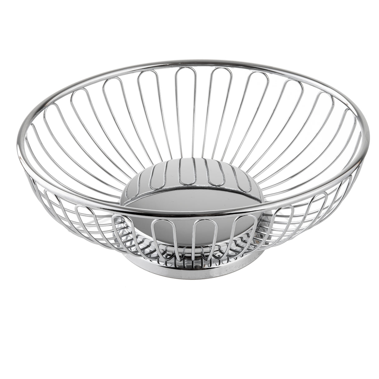 A round, chrome plated metal wire Chalet Basket with an open, airy design. The vertical rods connect the rim to a solid base, giving this TableCraft piece a modern and minimalist appearance. The background is plain white.