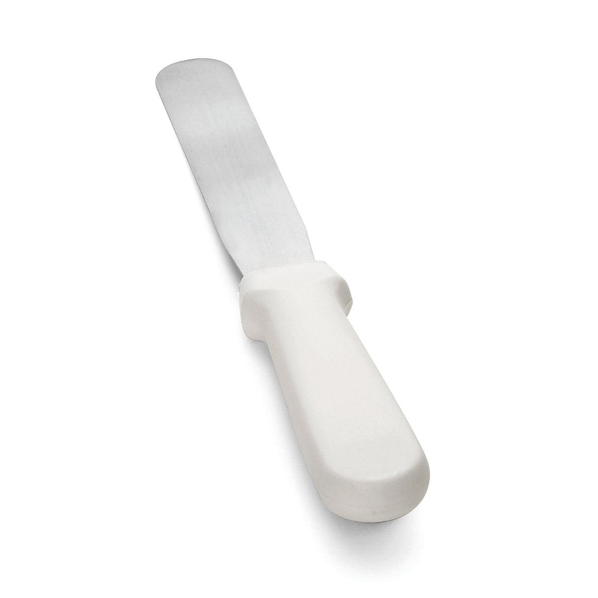 A metal icing spatula with a flat, rectangular stainless steel blade and a thick, white plastic handle, photographed on a plain white background. The spatula is angled upward, and it’s dishwasher safe for easy cleaning.