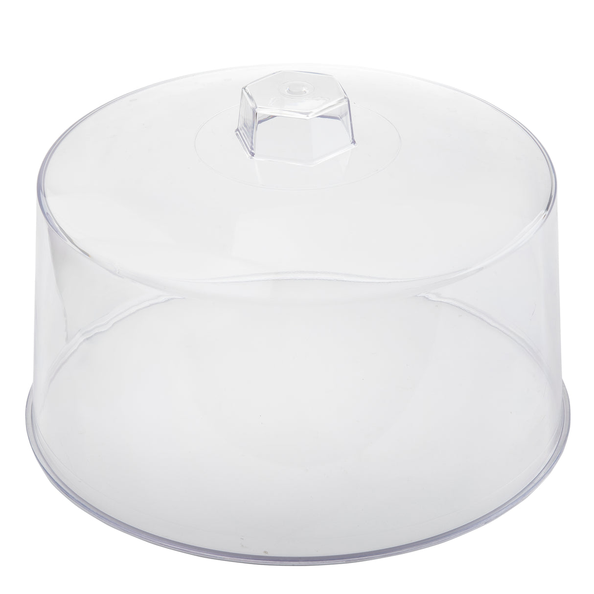 A clear, round, 12 inch plastic cake cover with a flat base and a hexagonal knob on top for lifting. The dome is empty and transparent, offering full visibility while protecting cakes or pastries. Made in USA.