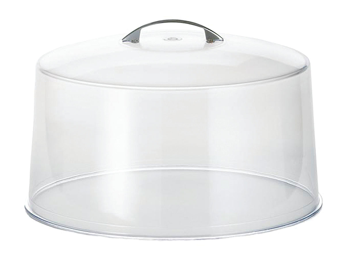A clear, round plastic cake cover with a 12" dia flat base and a tall, transparent dome. The chrome plate handle at the top center allows easy lifting. The plain white background highlights its clean, simple design.