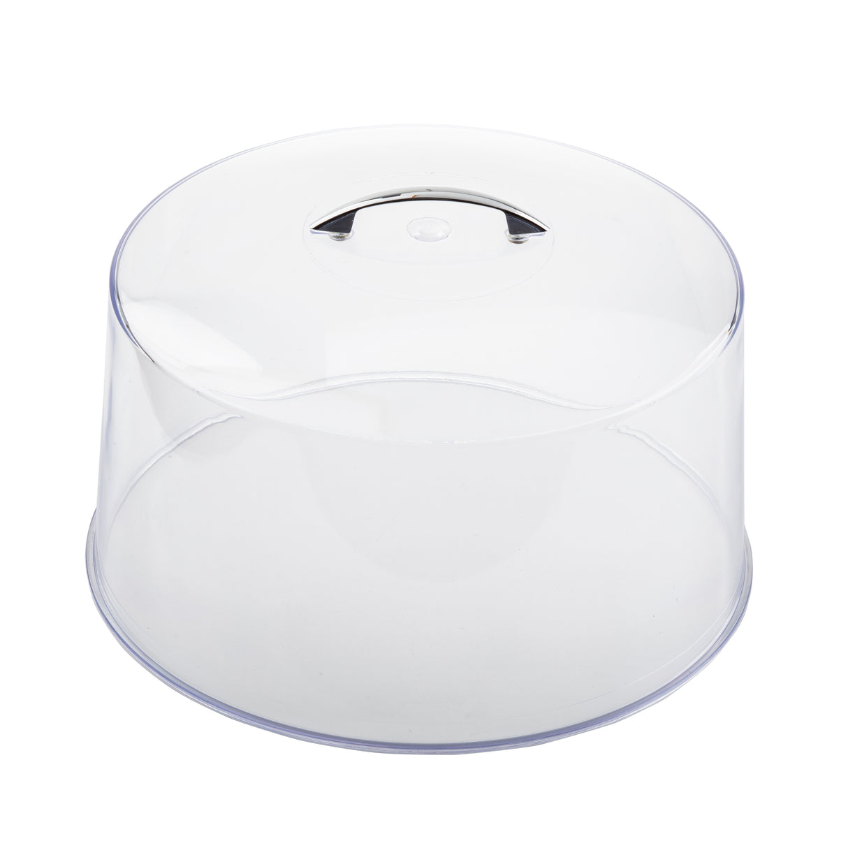 A clear, round plastic cake cover with a 12" dia and a chrome plate handle on top, used for covering and displaying cakes or pastries. The transparent dome allows visibility of contents and features a smooth, slightly glossy surface.
