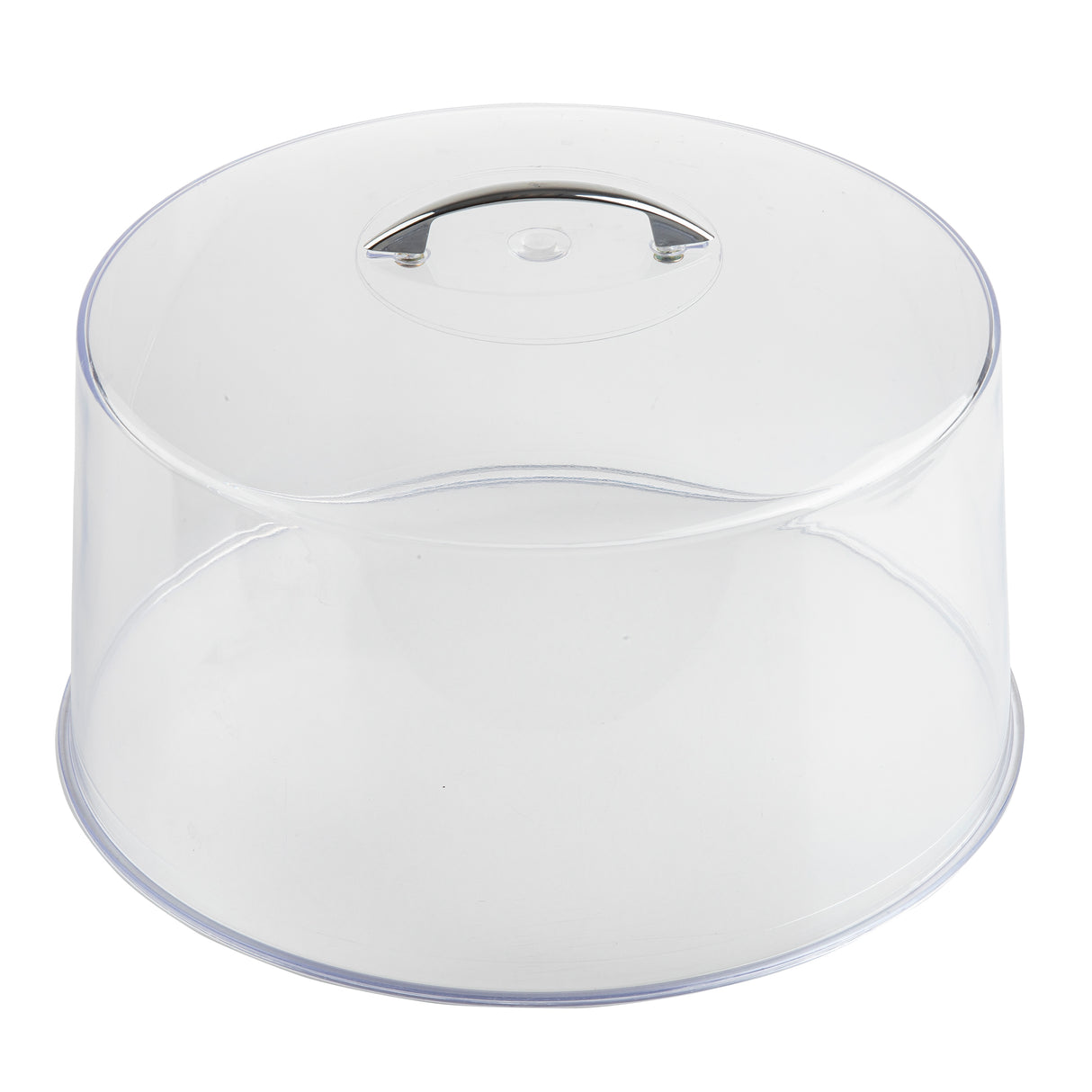 A clear, round plastic cake cover with a flat, circular base and a transparent lid featuring a small, silver handle on top for lifting. The dome is dishwasher safe and sits empty on a plain white background.