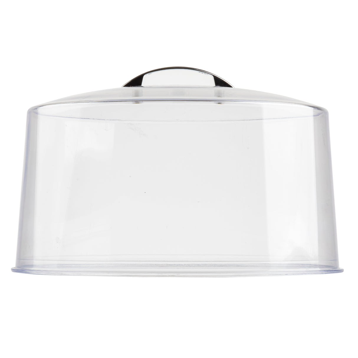 A clear, cylindrical plastic cake cover with a round silver handle on top, shown against a white background. Dishwasher safe and Made in USA, the dome is empty and used for covering and displaying cakes or pastries.