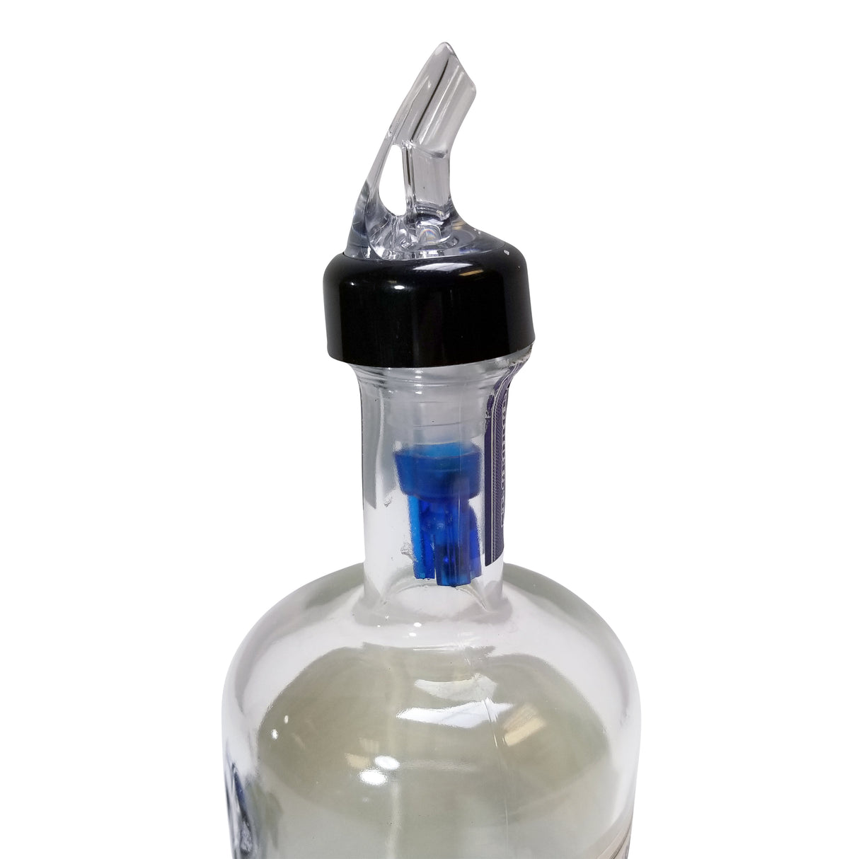 A clear liquor bottle with a black TableCraft pour spout inserted into the neck. Inside, a blue security pourer ensures Proper Pour control and prevents tampering or refilling, all displayed against a plain white background.