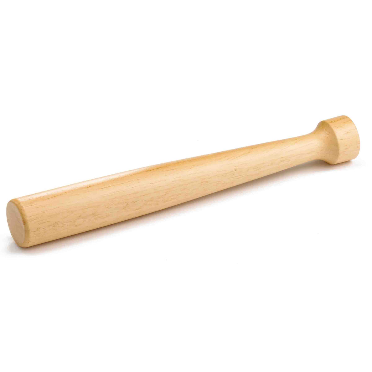 A small, light-colored natural wood baseball bat lies on a white background. The bat has a smooth surface, a thick barrel, and a slightly narrower handle with a rounded knob, resembling a TableCraft muddler in design.
