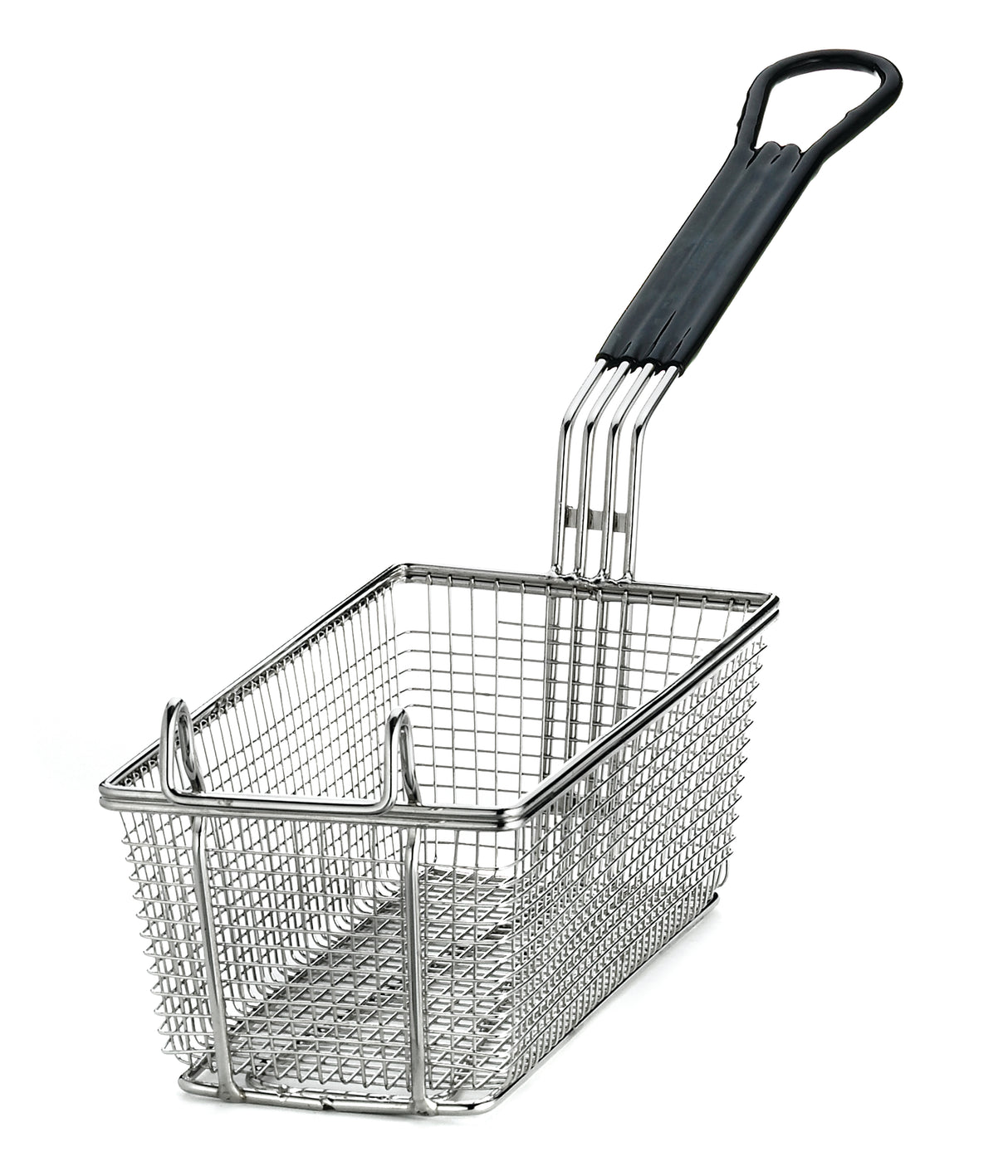 A rectangular mesh Fry Basket with a long black PVC handle and heat-resistant grip. The empty basket stands on a white background, angled to show both the front and side.