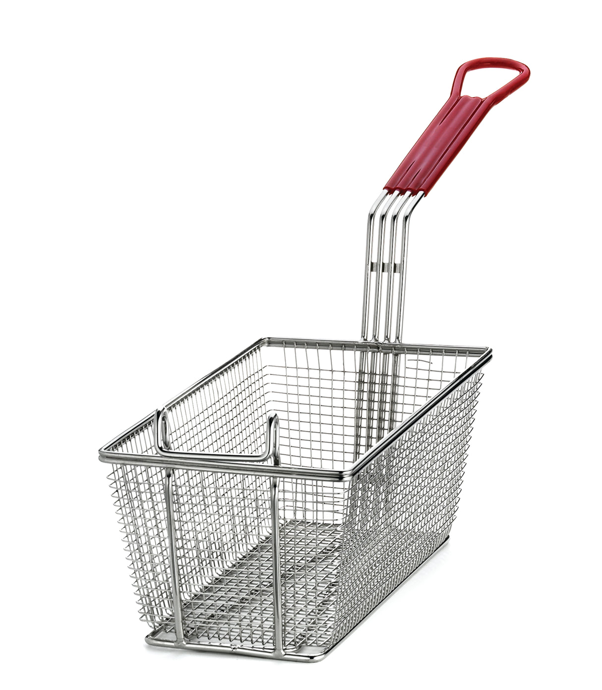 A rectangular mesh fry basket with a red PVC handle is shown against a white background. The basket features small mesh sides and an open top, ideal for lowering food into hot oil for frying.