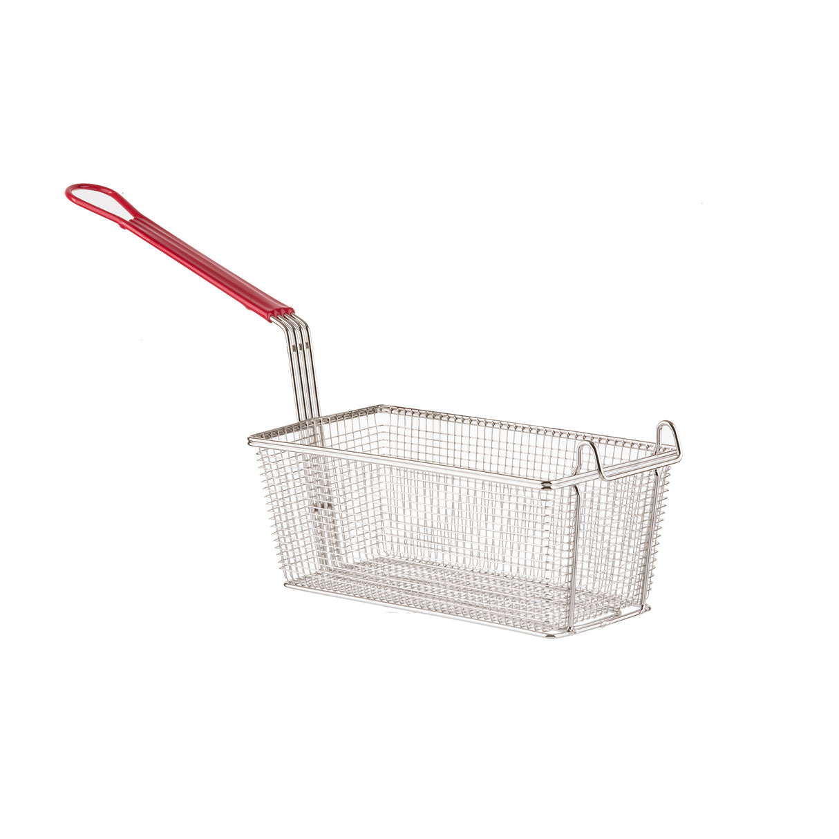 A mesh fry basket with a red PVC handle is shown on a white background. The rectangular wire basket features two front hooks and is typically used for deep frying foods.