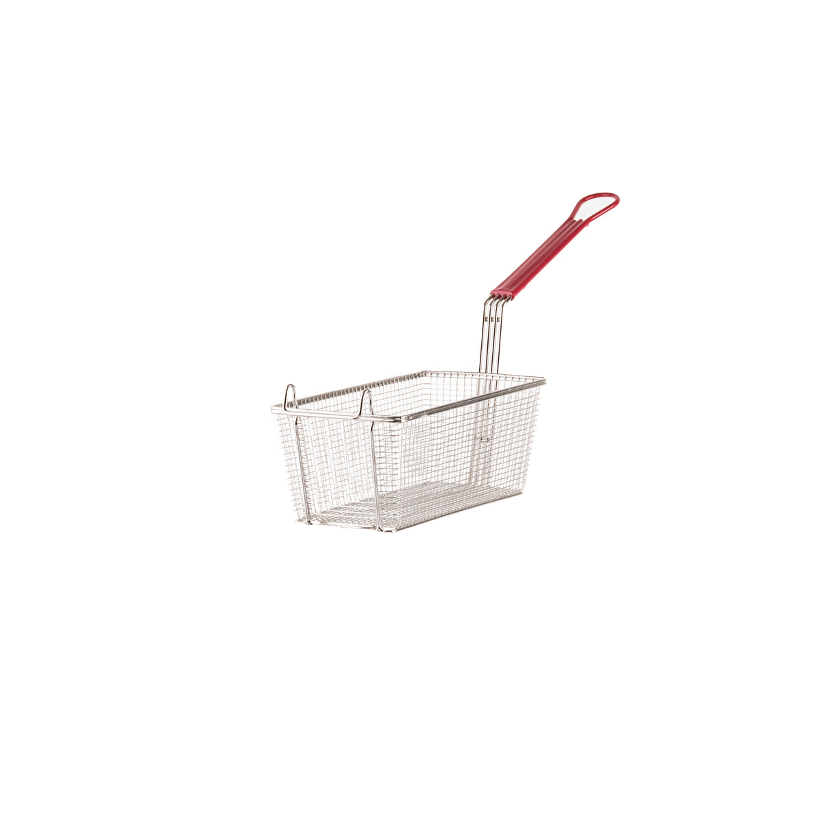 A rectangular mesh fry basket with a red PVC handle, designed for deep frying. The small mesh openings and rim hooks make it easy to rest the basket on a fryer. The background is plain white.