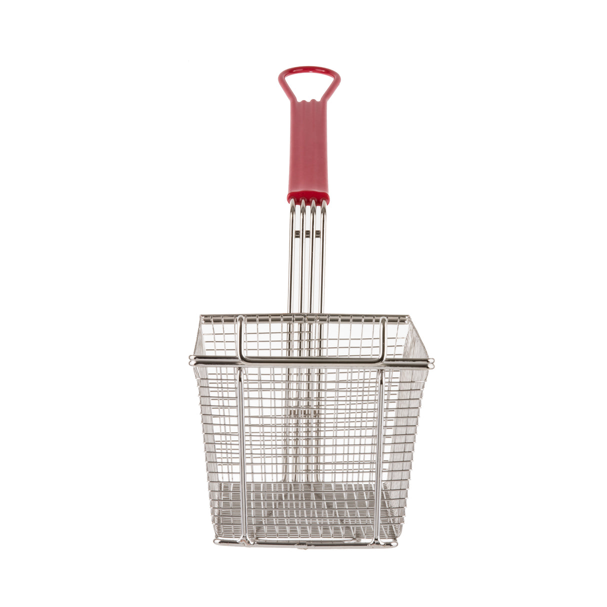 A rectangular mesh fry basket with a red PVC handle. The deep, open design of the basket is perfect for frying, and it stands upright against a white background with the handle facing upwards.