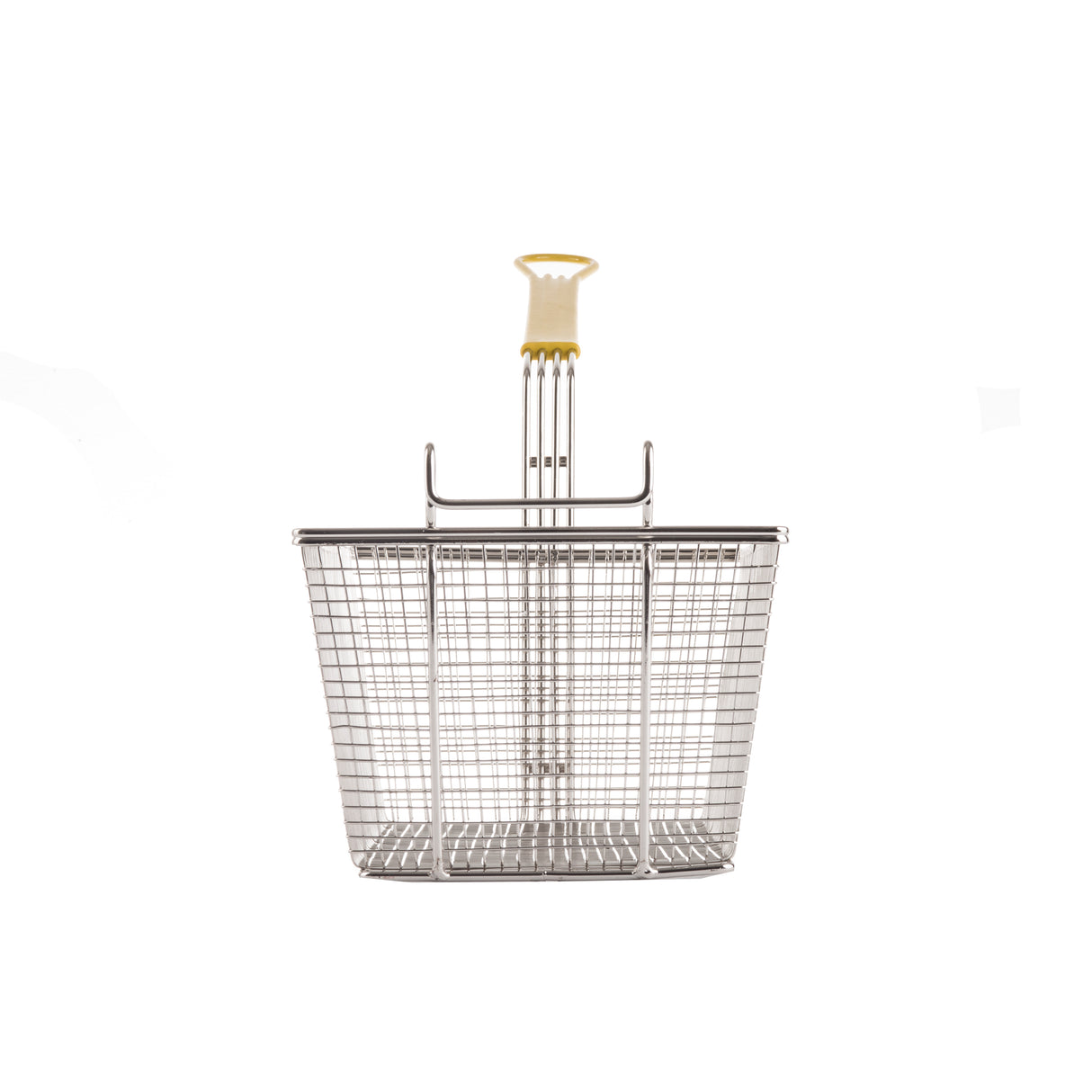 A rectangular metal fry basket with mesh sides and a sturdy vinyl handle in light yellow, designed for deep frying. The basket is set against a plain white background.