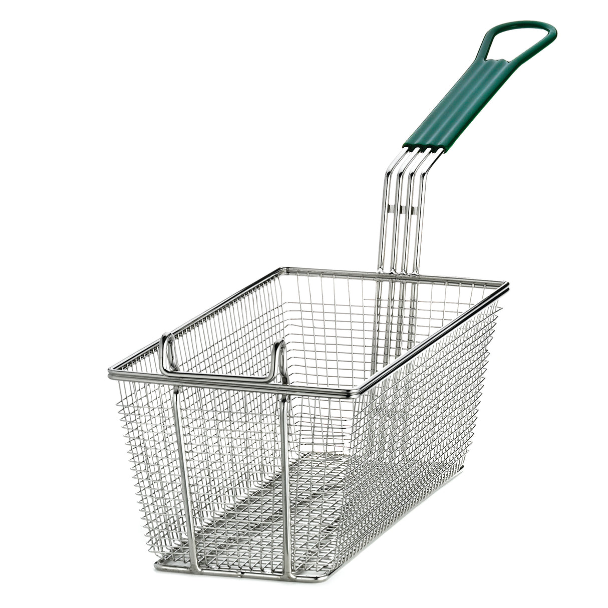 A rectangular mesh fry basket with a nickel plated finish, featuring a long angled metal handle covered in green plastic and two small support hooks on top. The empty fry basket is isolated on a white background.