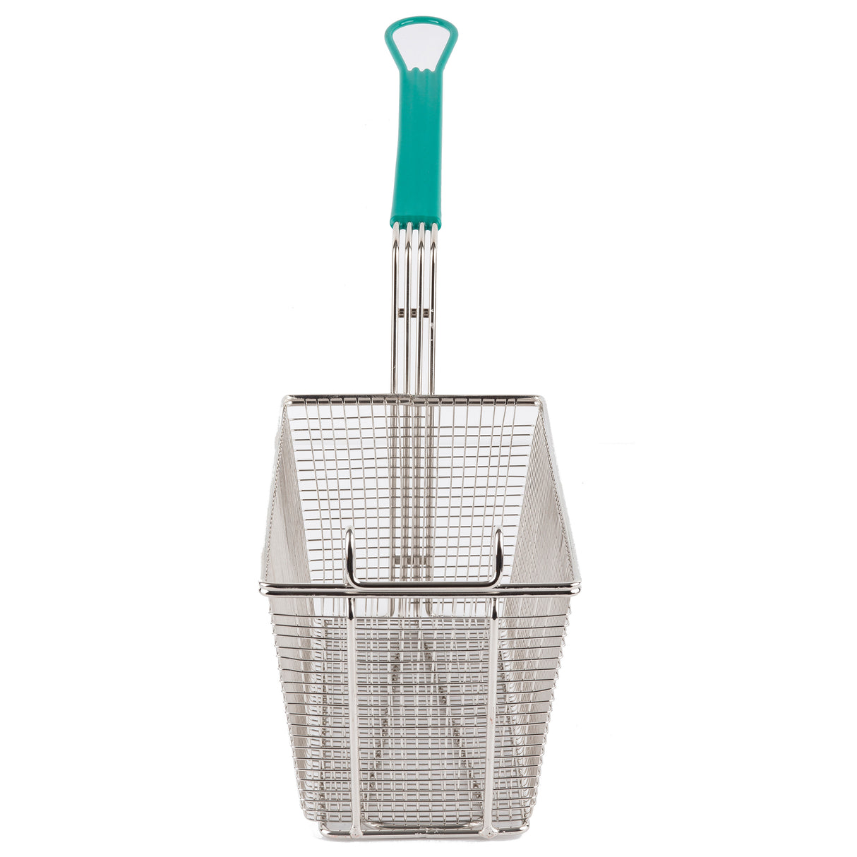 A rectangular mesh fry basket with a teal plastic handle. The deep, nickel plated silver metal basket is designed for frying or draining. Its long, ergonomic handle is securely attached to the frame, shown against a white background.