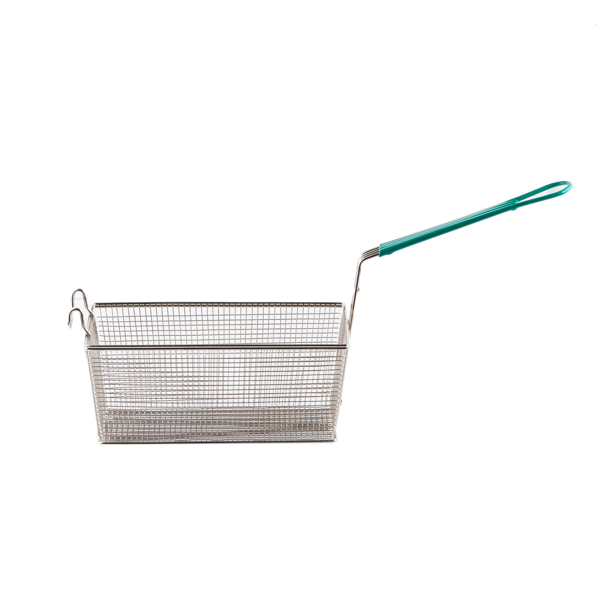 A rectangular nickel plated mesh fry basket with a green plastic-coated handle, shown on a white background. The deep basket features a small hook on one corner for resting securely on the edge of a fryer.
