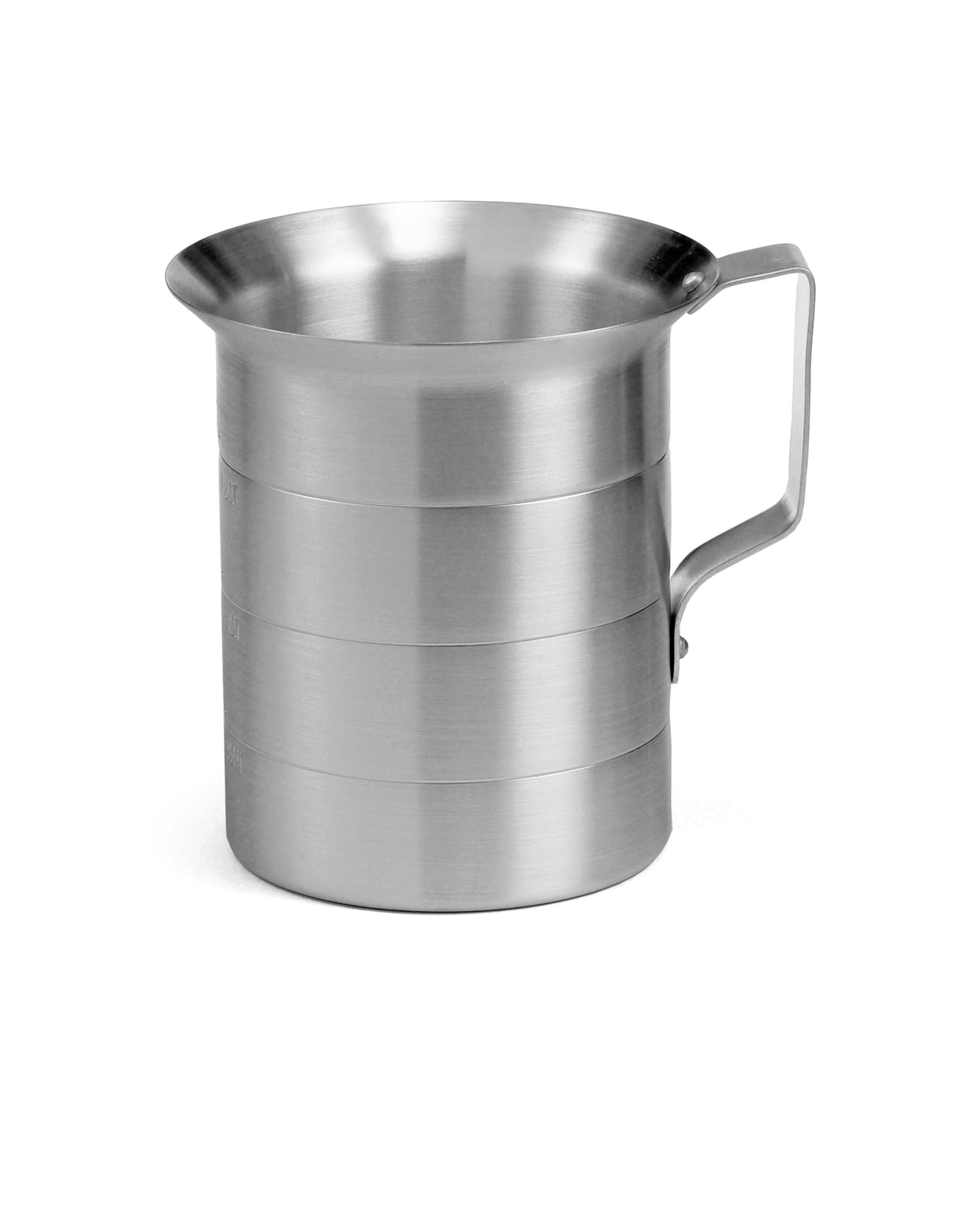 A 4 quart stainless steel measuring cup with a handle, cylindrical shape, and horizontal graduated measure lines etched on the side. The cup features a wide mouth and smooth, brushed metal finish, set against a plain white background.