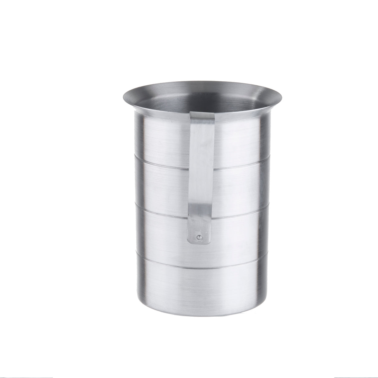 A 4 quart, cylindrical measuring jug with a flat, vertical handle attached to its side. The brushed metal surface features horizontal ridges and graduated measure markings; the empty jug stands upright on a white background.