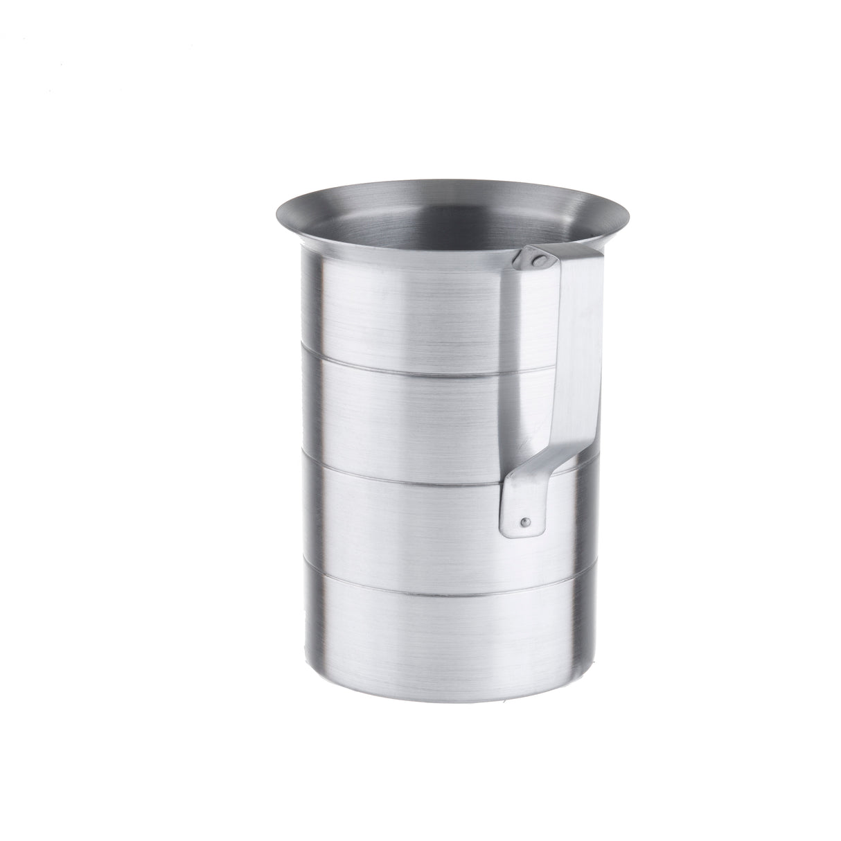 A 4 quart stainless steel measuring jug with a cylindrical shape, wide rim, and sturdy handle. The body features horizontal grooves for grip. This graduated measure sits empty and upright on a plain white background.
