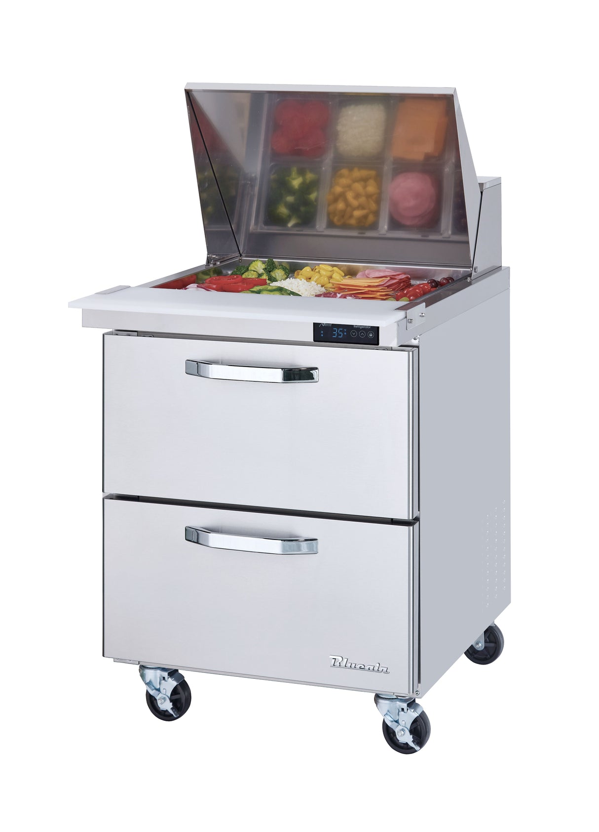 A Mega Top stainless steel refrigerated prep table with two drawers and a top compartment for assorted chopped vegetables, covered by a lifted transparent lid. This sandwich prep table includes wheels and a digital temperature display.