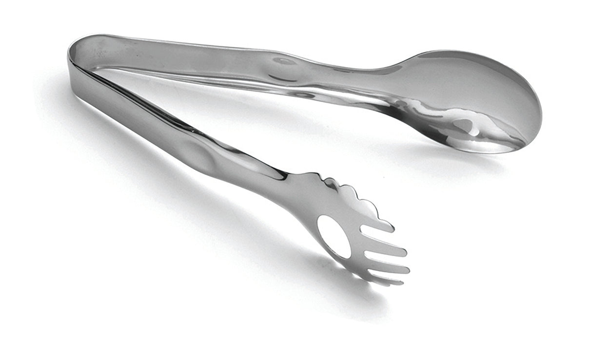 A pair of shiny stainless steel Serving Tongs, dishwasher safe, with one side shaped like a spoon and the other like a fork with four prongs and a circular cutout, resting on a white background.
